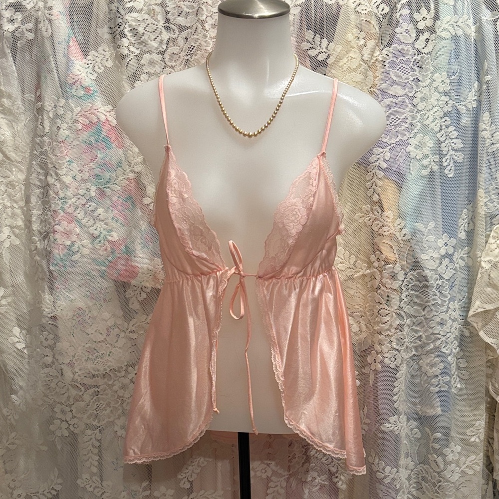 Vintage Nylon Elegant Pink Lace Babydoll Lingerie approx xs